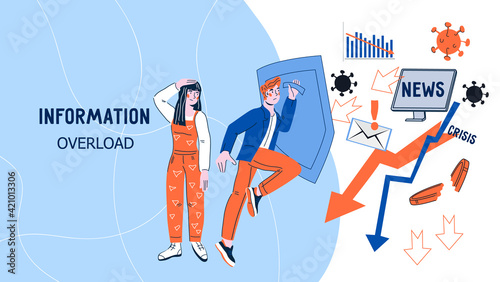 Information overload website banner with people protecting themselves from flow of information and news, flat vector illustration. Infodemia, information overload and stress from today disturbing news photo