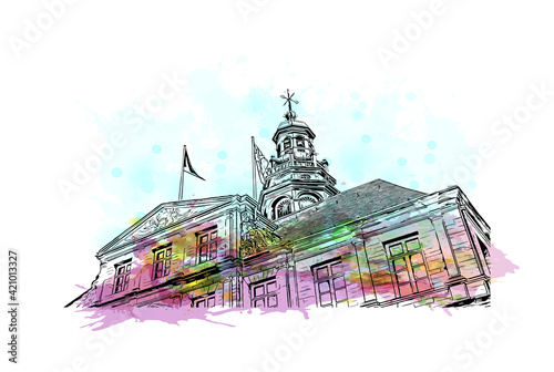 Building view with landmark of Maastricht is the 
city in the Netherlands. Watercolour splash with hand drawn sketch illustration in vector.