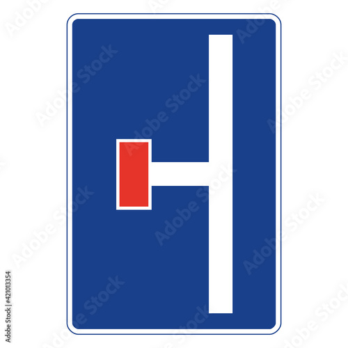 Rectangular traffic signal in blue and white, isolated on white background. Dead end road