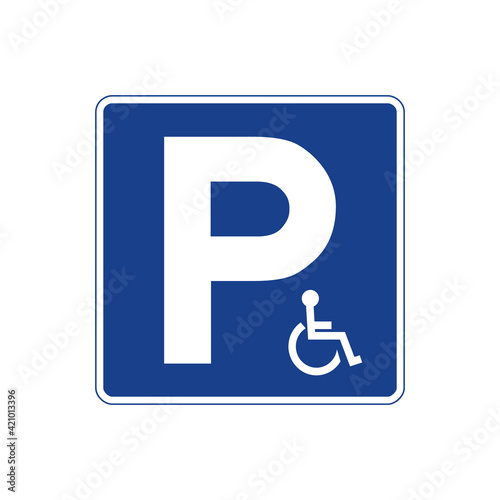 Square traffic signal in blue and white, isolated on white background. Disabled parking area