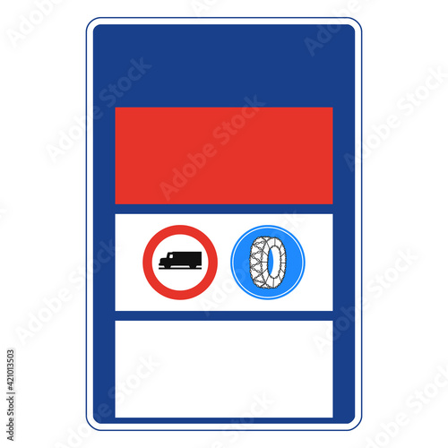 Rectangular traffic signal in blue and white, isolated on white background. Passability in mountain pass