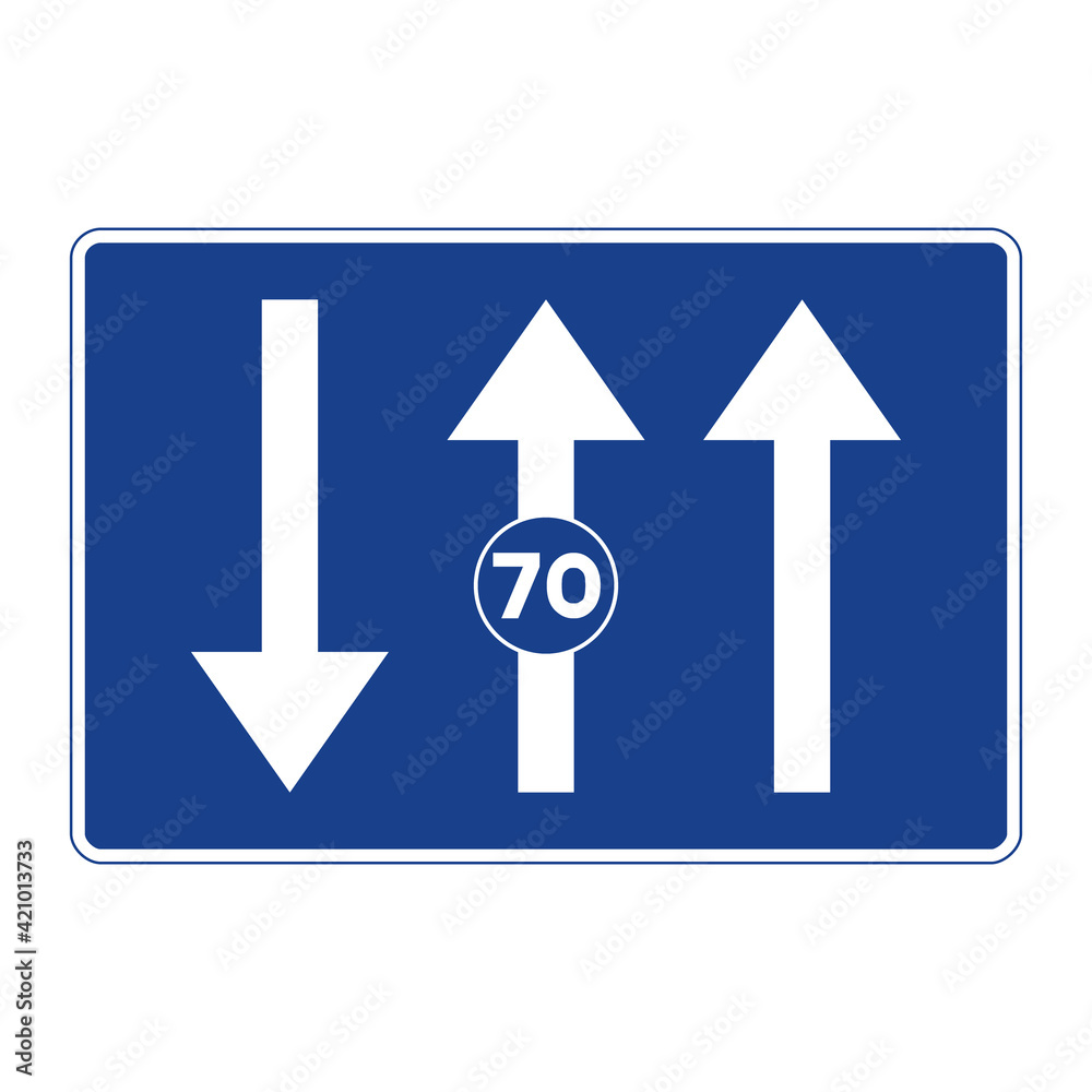 Rectangular traffic signal in blue and white, isolated on white background. Lanes reserved for traffic based on indicated speed