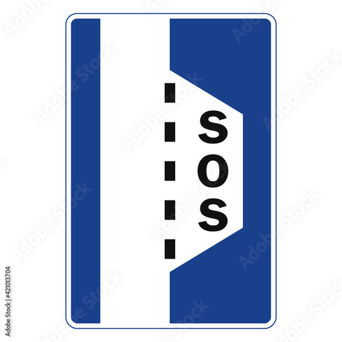 Rectangular traffic signal in blue and white, isolated on white background. Siding in tunnels with emergency phone