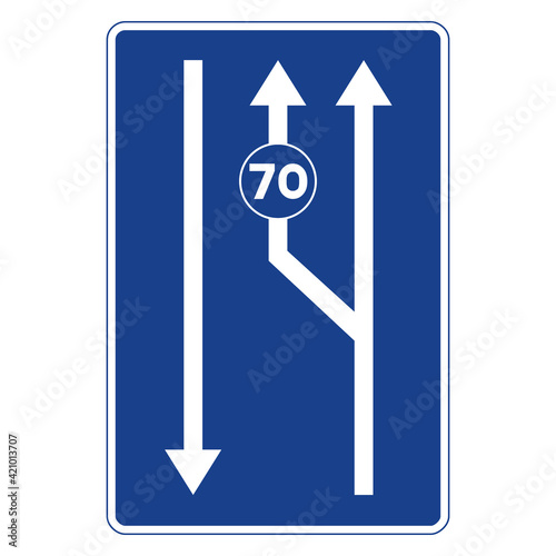 Rectangular traffic signal in blue and white, isolated on white background. Lanes reserved for traffic based on indicated speed