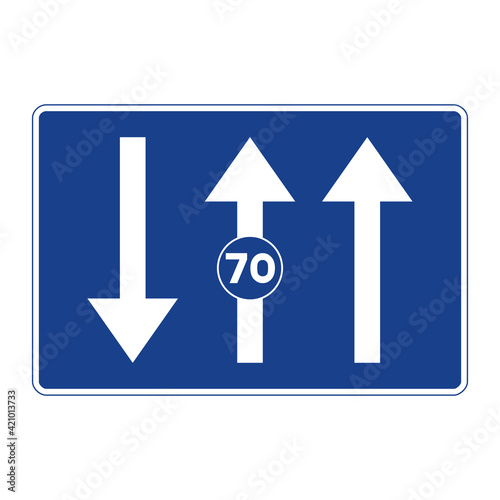 Rectangular traffic signal in blue and white, isolated on white background. Lanes reserved for traffic based on indicated speed
