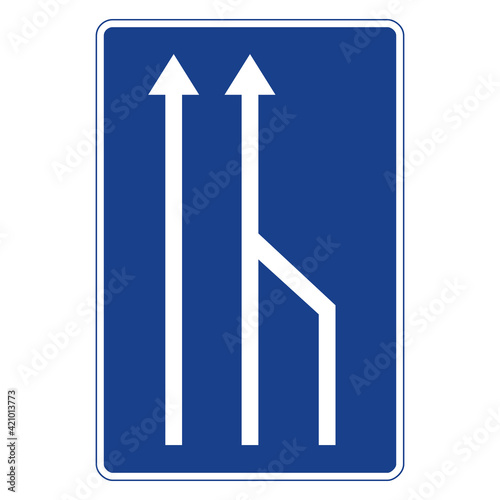 Rectangular traffic signal in blue and white, isolated on white background. End of lane for traffic
