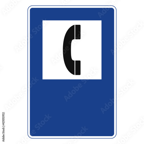 Rectangular traffic signal in blue and white, isolated on white background. Telephone