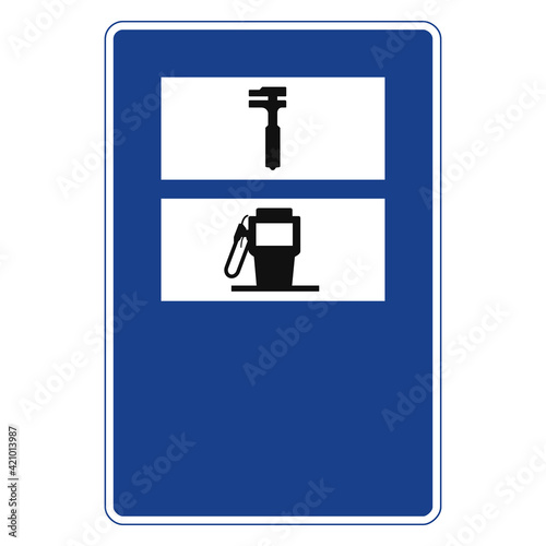 Rectangular traffic signal in blue and white, isolated on white background. Car repair workshop and fuel nozzle