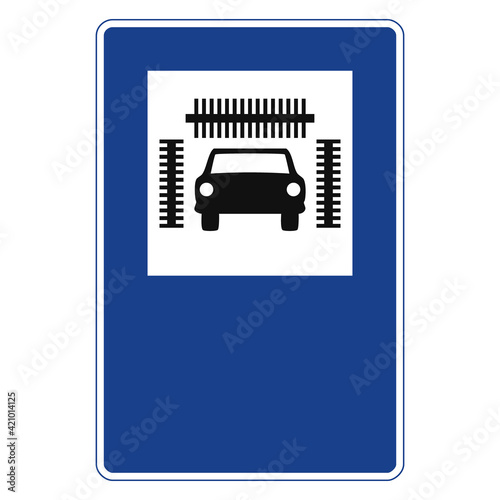 Rectangular traffic signal in blue and white, isolated on white background. Car wash