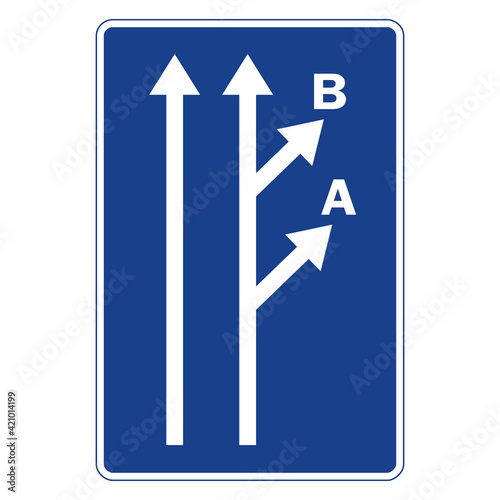 Rectangular traffic signal in blue and white, isolated on white background. Signaling of two very close exits