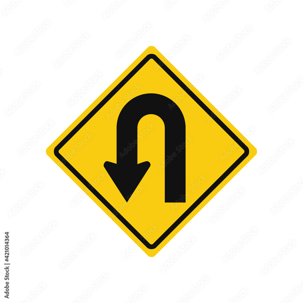 Rhomboid traffic signal in yellow and black, isolated on white background. U-Turn on the left Rhomboid traffic signal in yellow and black, isolated on white background. U-Turn on the left