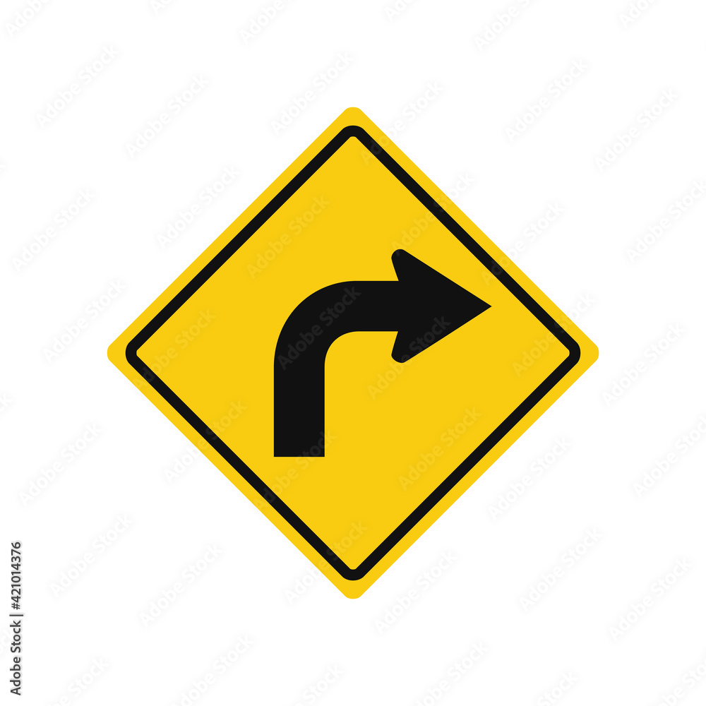 Rhomboid traffic signal in yellow and black, isolated on white background. Turn right Rhomboid traffic signal in yellow and black, isolated on white background. Turn right