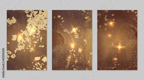 Set of marble patterns. Brown and fortuna gold geode textures