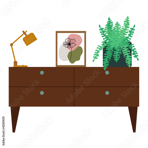 Stylish modern interior. Lamp, painting and potted plants on the chest of drawers. Vector piece of furniture isolated on a white background.