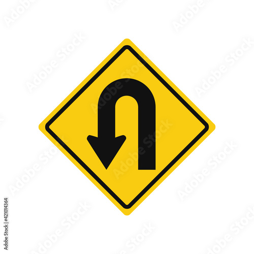 Rhomboid traffic signal in yellow and black, isolated on white background. U-Turn on the left