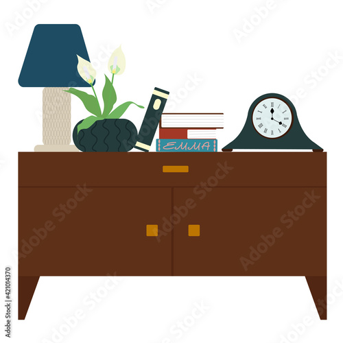Stylish modern interior. Lamp, painting and potted plants on the chest of drawers. Vector piece of furniture isolated on a white background.