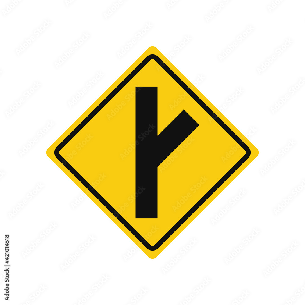 Rhomboid traffic signal in yellow and black, isolated on white background. Warning of side road on the right at a acute angle Rhomboid traffic signal in yellow and black, isolated on white background. Warning of side road on the right at a acute angle