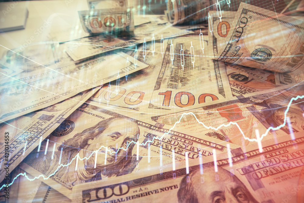 Multi exposure of forex chart drawing over us dollars bill background. Concept of financial success markets. Multi exposure of forex chart drawing over us dollars bill background. Concept of financial success markets.
