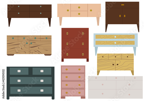 A set of stylish chests of drawers in natural colors. Vector piece of furniture isolated on white background. Elements of the interior in flat style.