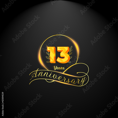 Elegant golden 13 years anniversary logo template. luxury retro vintage style. vector illustration