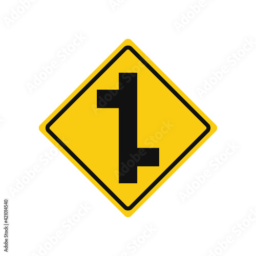Rhomboid traffic signal in yellow and black, isolated on white background. Warning of side roads on right and left, consecutively