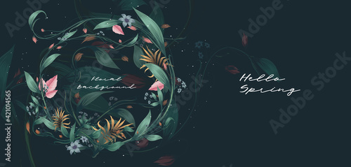 Floral wreath. Round frame made of flowers, leaves and plants. Vector illustration. Background for cards, covers, banners.