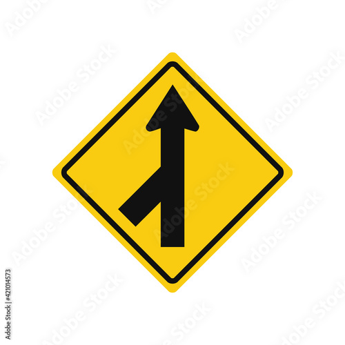 Rhomboid traffic signal in yellow and black, isolated on white background. Warning of merging traffic from the left