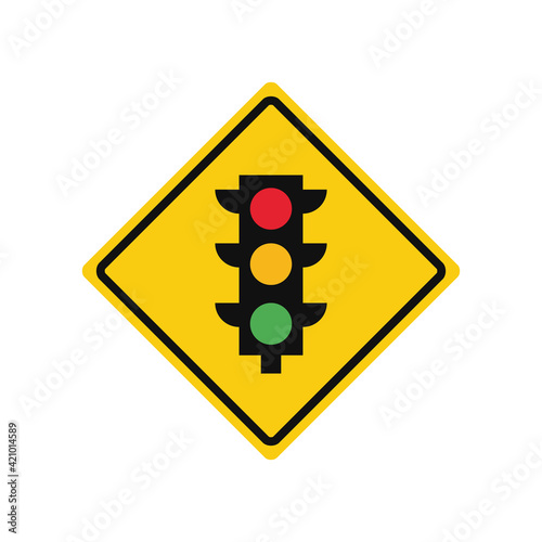 Rhomboid traffic signal in yellow and black, isolated on white background. Warning of traffic lights ahead