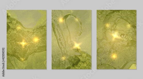 Set of marble patterns. Light green and gold geode textures wit glitter