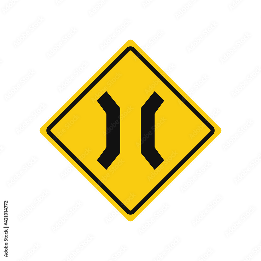 Rhomboid traffic signal in yellow and black, isolated on white background. Warning of road narrowing Rhomboid traffic signal in yellow and black, isolated on white background. Warning of road narrowing