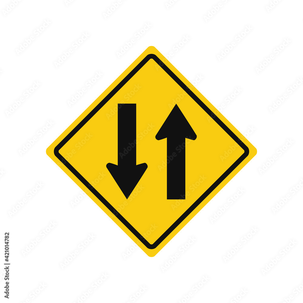 Rhomboid traffic signal in yellow and black, isolated on white background. Warning of two-way traffic straight ahead Rhomboid traffic signal in yellow and black, isolated on white background. Warning of two-way traffic straight ahead