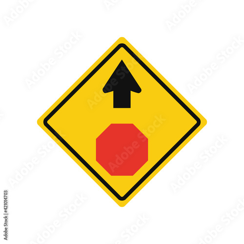Rhomboid traffic signal in yellow and black, isolated on white background. Warning of stop ahead