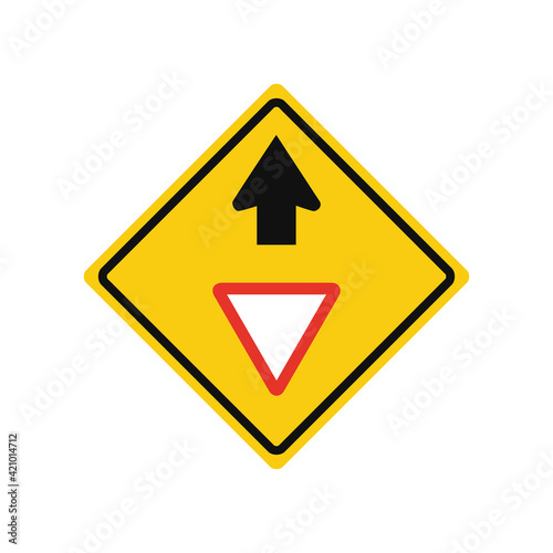 Rhomboid traffic signal in yellow and black, isolated on white background. Warning of yield ahead