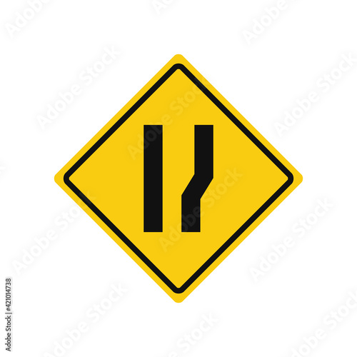 Rhomboid traffic signal in yellow and black, isolated on white background. Warning of wide road ahead on right side