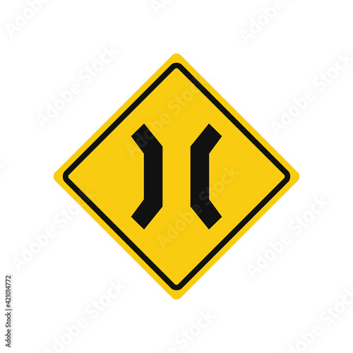 Rhomboid traffic signal in yellow and black, isolated on white background. Warning of road narrowing