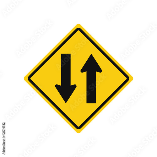 Rhomboid traffic signal in yellow and black, isolated on white background. Warning of two-way traffic straight ahead