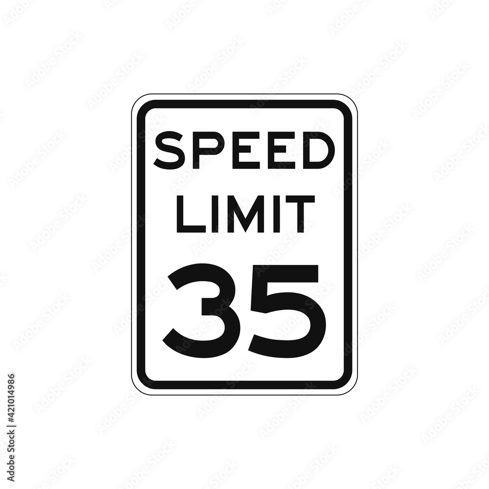 Rectangular traffic signal with white background and text in black, isolated on white background. Speed limit to thirty five