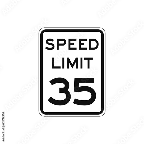 Rectangular traffic signal with white background and text in black, isolated on white background. Speed limit to thirty five