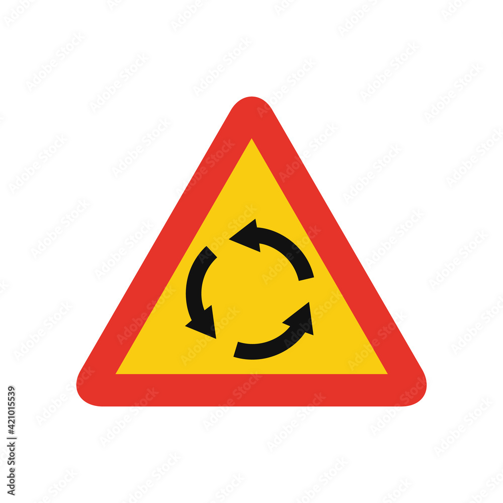 Triangular traffic signal in yellow and red, isolated on white background. Temporary warning of roundabout ahead Triangular traffic signal in yellow and red, isolated on white background. Temporary warning of roundabout ahead