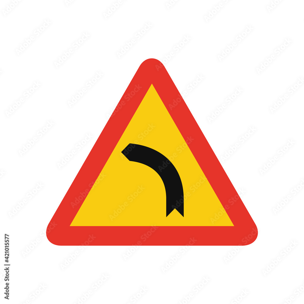 Triangular traffic signal in yellow and red, isolated on white background. Temporary warning of left hand curve Triangular traffic signal in yellow and red, isolated on white background. Temporary warning of left hand curve