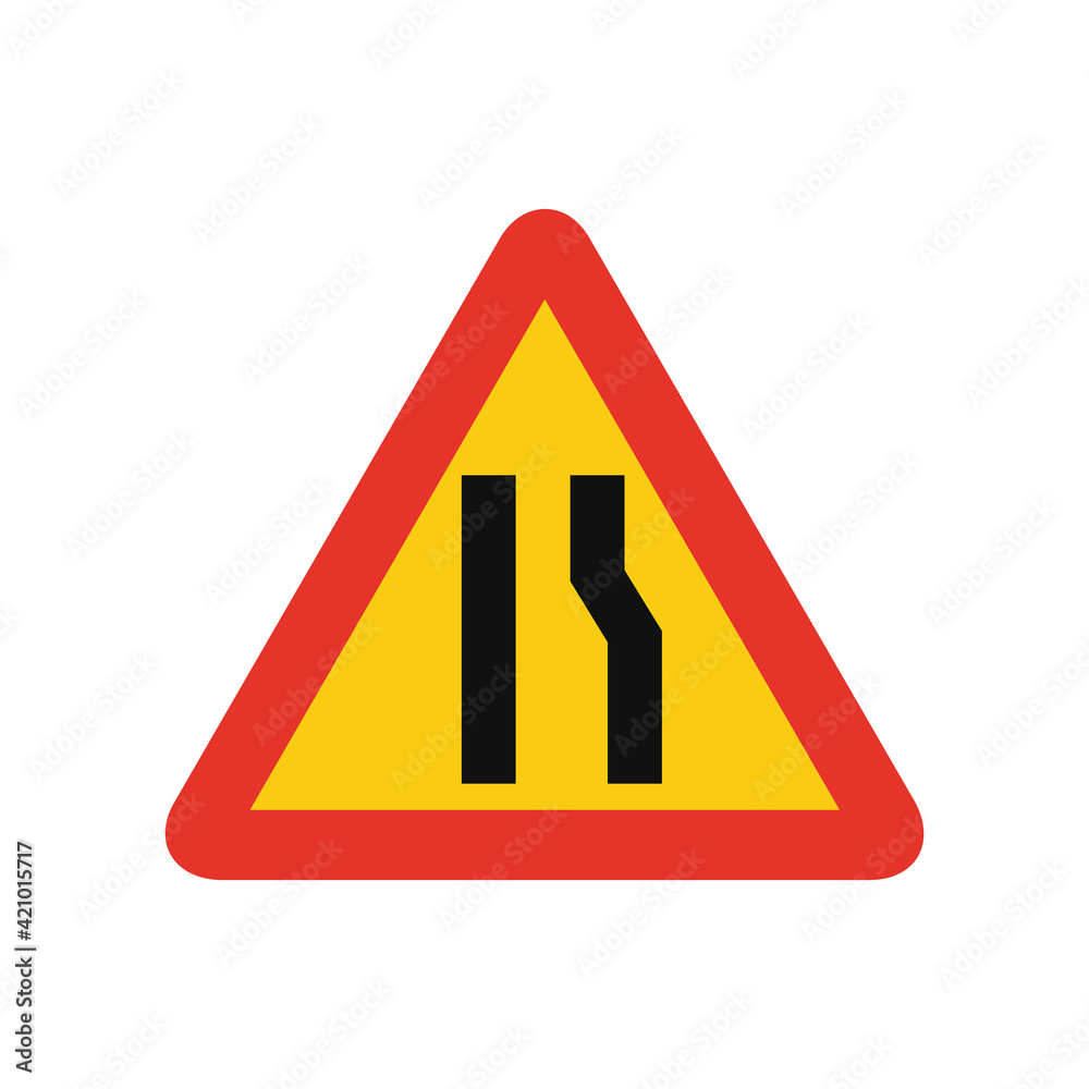 Triangular traffic signal in yellow and red, isolated on white background. Temporary warning of narrow road ahead on right side Triangular traffic signal in yellow and red, isolated on white background. Temporary warning of narrow road ahead on right side