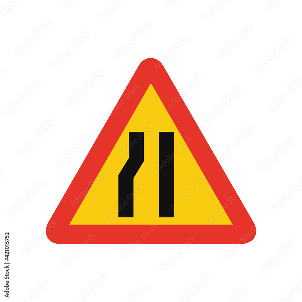 Triangular traffic signal in yellow and red, isolated on white background. Temporary warning of narrow road ahead on left side Triangular traffic signal in yellow and red, isolated on white background. Temporary warning of narrow road ahead on left side