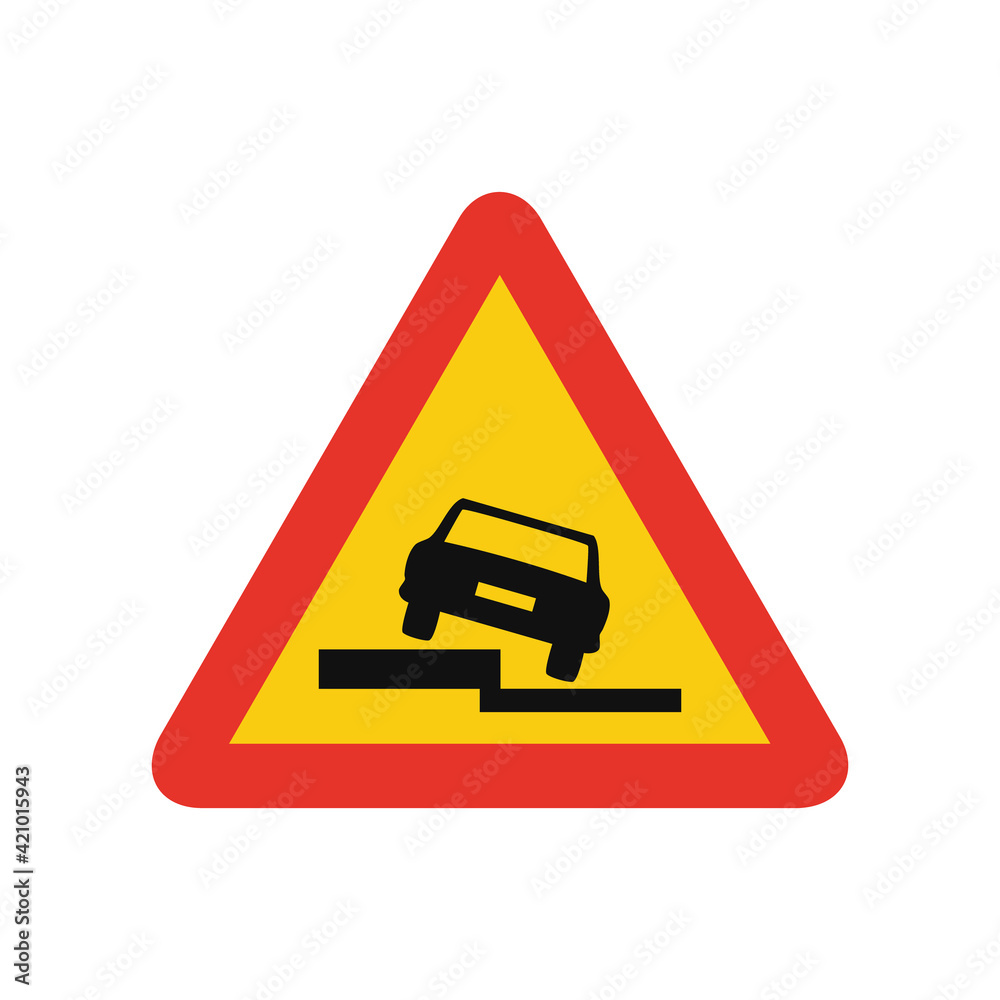 Triangular traffic signal in yellow and red, isolated on white background. Temporary warning of side slope on the left Triangular traffic signal in yellow and red, isolated on white background. Temporary warning of side slope on the left