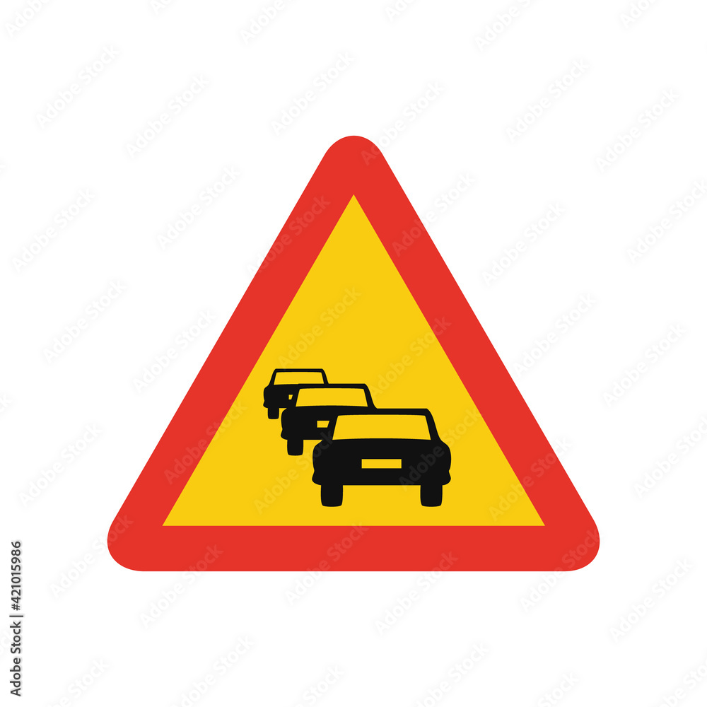 Triangular traffic signal in yellow and red, isolated on white background. Temporary warning of vehicle jam Triangular traffic signal in yellow and red, isolated on white background. Temporary warning of vehicle jam