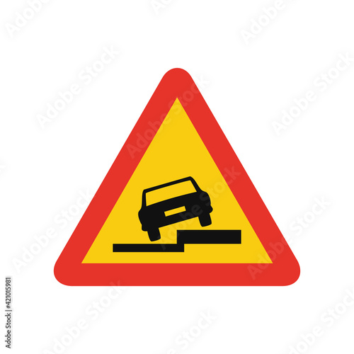 Triangular traffic signal in yellow and red, isolated on white background. Temporary warning of side slope on the right