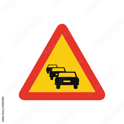 Triangular traffic signal in yellow and red, isolated on white background. Temporary warning of vehicle jam