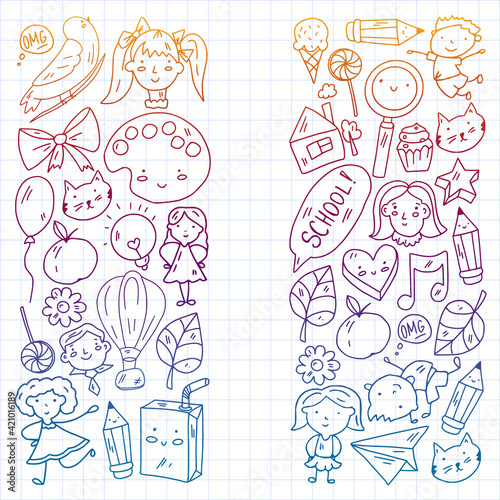Vector pattern with items for school. Online internet education, e-learning.