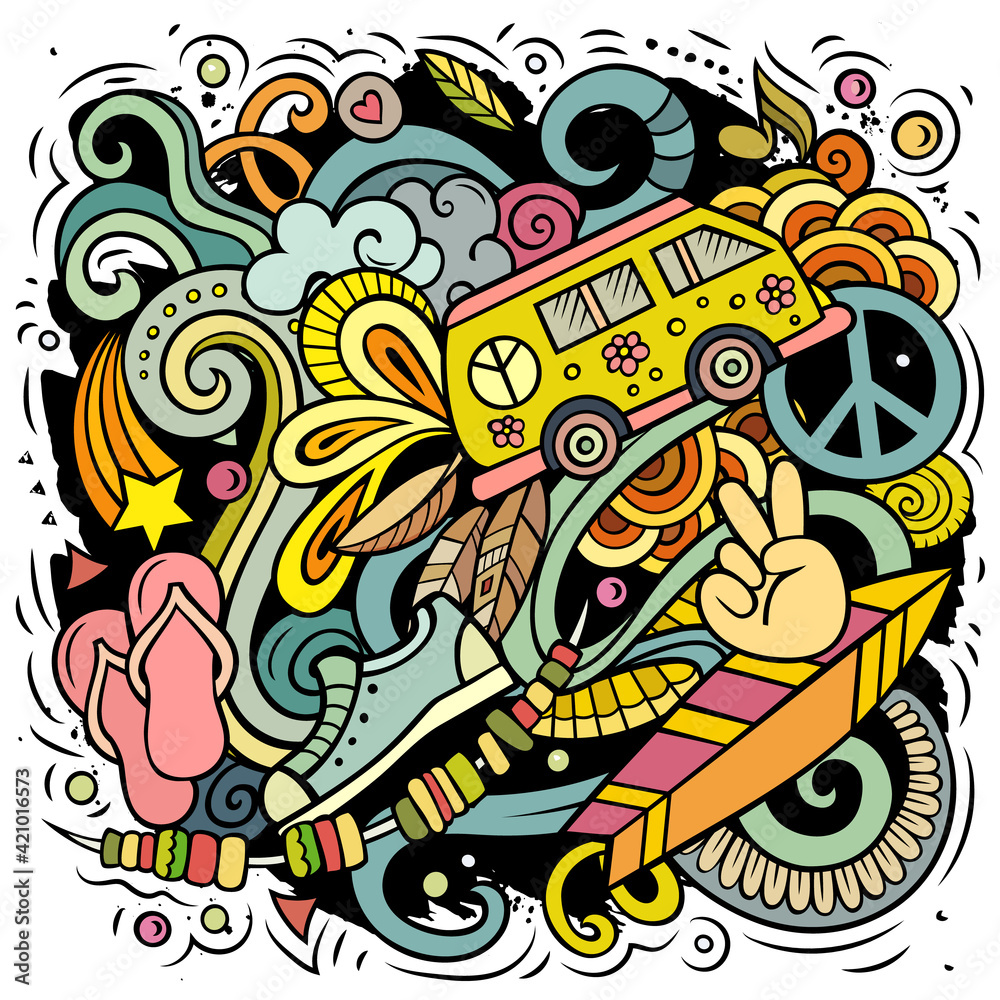 Hippie hand drawn vector doodles illustration