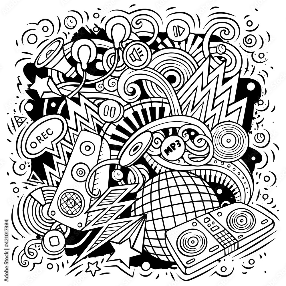 Fototapeta premium Cartoon vector doodles Disco music illustration
