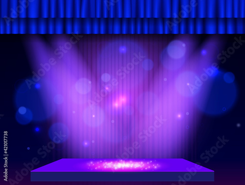 Background with blue curtain, podium and spotlights. Design for presentation, concert, show